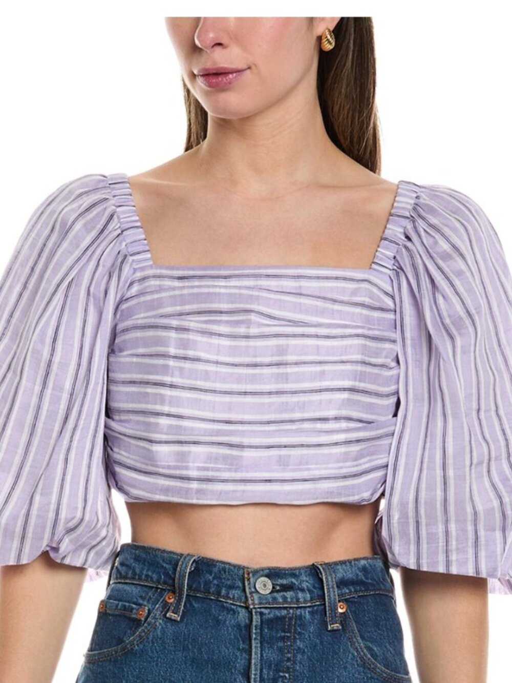 NWT Sandro Blonvilla Puff Sleeve Linen Blend Crop Top in Lilas / Purple Striped